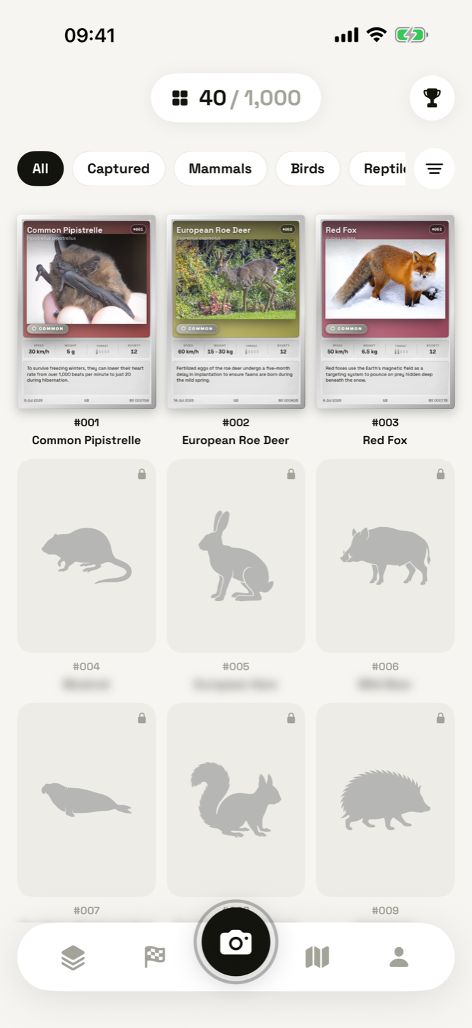 The index grid — caught cards beside grey locked silhouettes