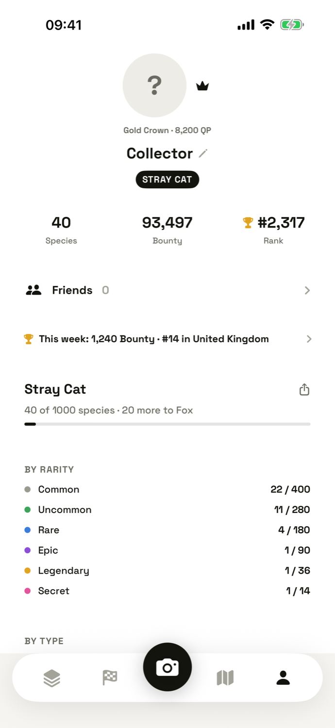 Profile screen showing collector rank, bounty, weekly position and a rarity breakdown
