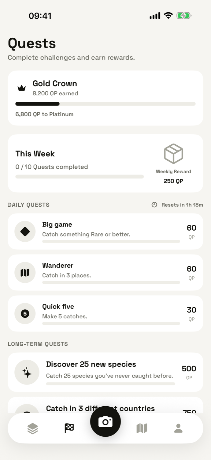 The Quests screen with daily and long-term challenges